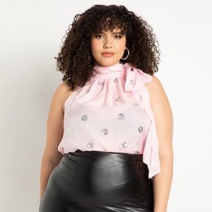 NWT Eloquii sleeveless bow blouse in glamorous dot. Pink and flowy w/ silver dot